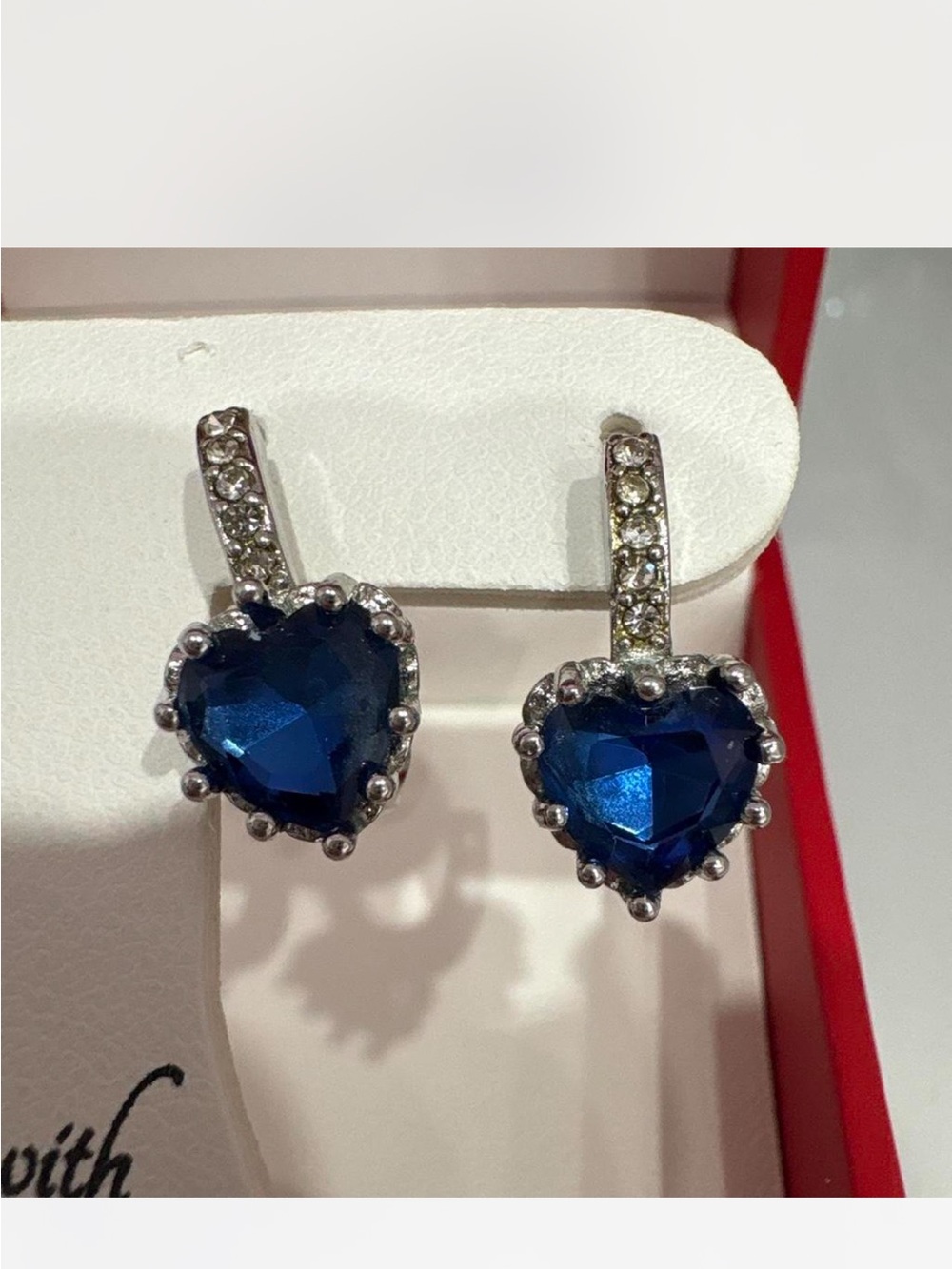 Silver Heart Drop Earrings with Deep Blue Crystals
